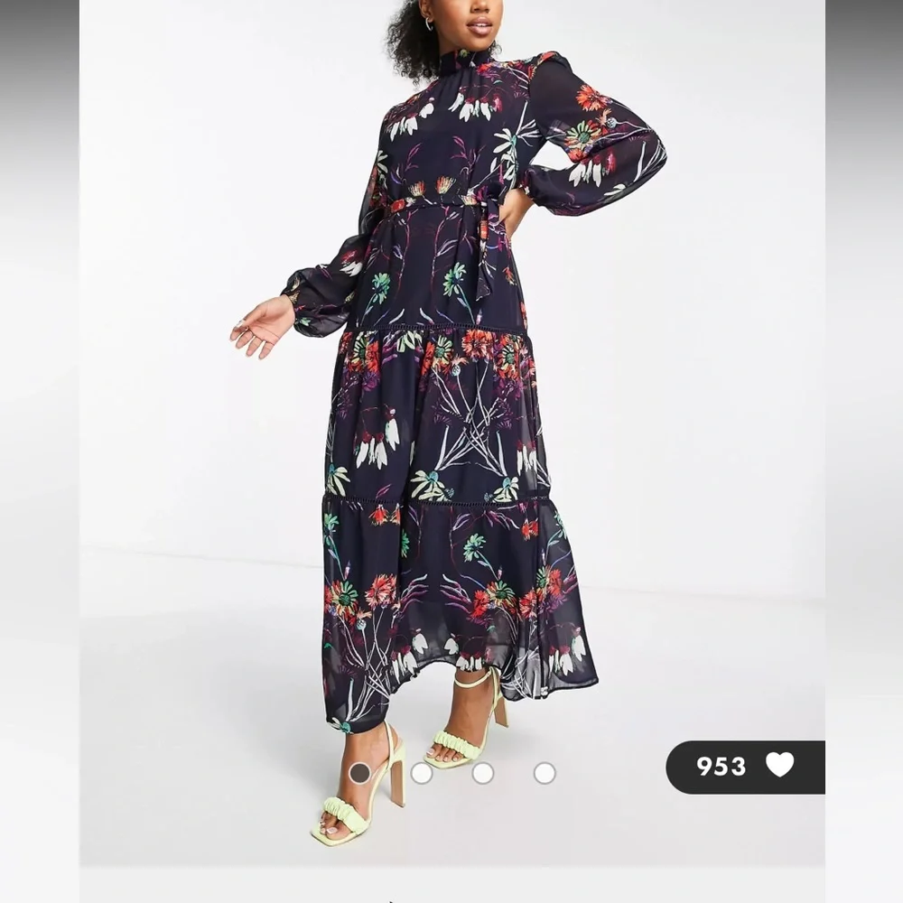 ASOS Hope & Ivy long sleeve tie waist maxi dress in navy floral US 12 - Picture 1 of 7